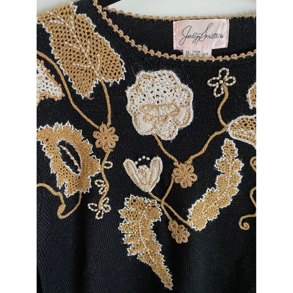 Jaclyn Smith Vintage Black Gold Crochet Floral Pearl Beaded Knit Sweater M 9472 - Picture 2 of 6